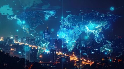 Digital World Map Depicting Global Network and Illuminated Cityscape at Night - Powered by Adobe