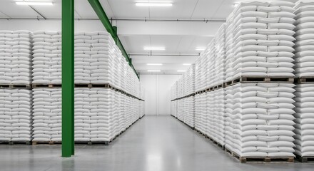 Warehouse storing large quantities of stacked white bags on wooden pallets in an industrial setting in daylight