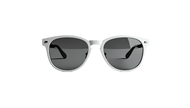 White-framed sunglasses with dark lenses, floating against a black background