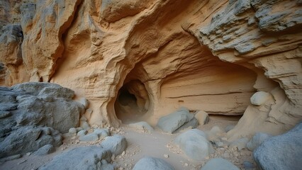 Majestic Sandstone Cave Entrance in Desert Canyon