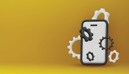 Creative 3D illustration of a smartphone with gear wheels. Concept for settings, app development, mobile optimization, and modern technology solutions.