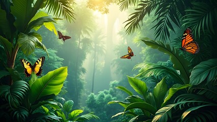 Lush Tropical Rainforest Scene with Butterflies