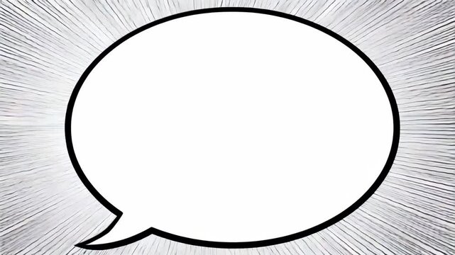 Blank comic speech bubble in bold black outline with radial speed lines on white background, concept of communication or expression