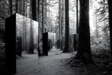 Naklejka premium Reflective Columns in the Woods: An enchanting black and white landscape of tall, mirrored columns standing amidst a serene forest.