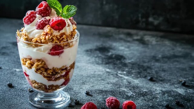 Layered parfait with yogurt, granola, raspberries, and mint garnish on dark background