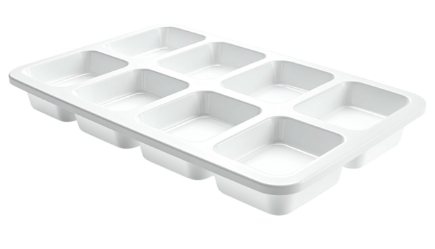 A white plastic rectangular ice cube tray with eight square compartments