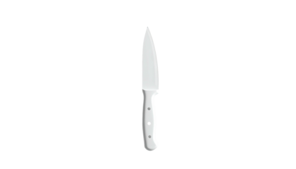A single white chef's knife on a pure black background, pointed upwards