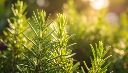 Close-up of rosemary sprigs bathed in sunlight