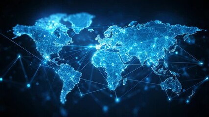 Digital world map with glowing blue connections and lights - Powered by Adobe