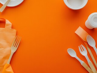Eco Friendly Disposable Cutlery and Utensils on Orange Background