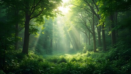 Obraz premium Sunbeams in Lush Green Forest Landscape