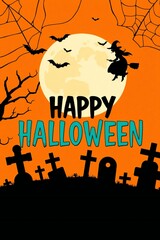 Happy halloween spooky graveyard scene with witch flying across full moon