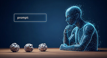 Ai thinking with crumpled paper balls on a desk generating prompt ideas for artificial intelligence and machine learning applications