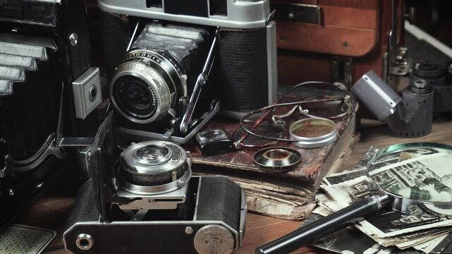 Old cameras in a composition on a wooden background, slowly moving in a horizontal plane.