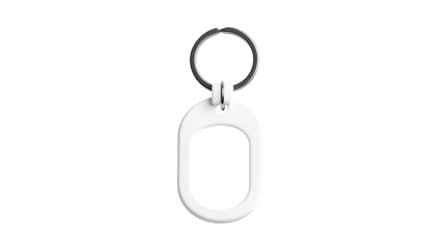 White, oval-shaped item with a keyring, isolated against a black backdrop