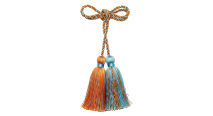 Isolated ornate tassel, luxury decoration with a rope tie and blue and orange fringe
