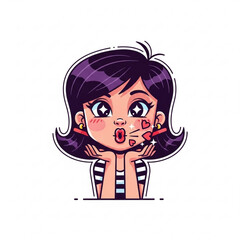 Expressive cartoon girl sending kisses with heart details, perfect for digital stickers, social media, and greeting cards, radiating charm and affection