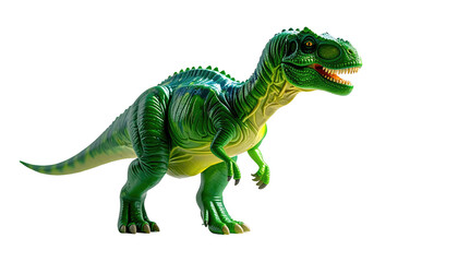 A bright green toy dinosaur with a fierce expression against a stark black background
