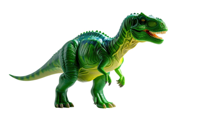 A bright green toy dinosaur with a fierce expression against a stark black background