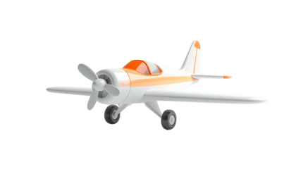 A small, stylized airplane with a propeller, orange details, and a black background
