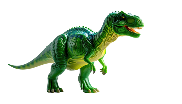 A bright green toy dinosaur with a fierce expression against a stark black background