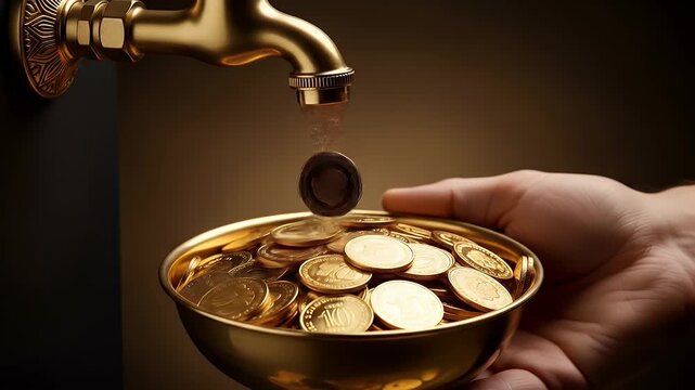 Golden Coins Flowing from a Tap into a Bowl Representing Financial Abundance and Wealth Generation.