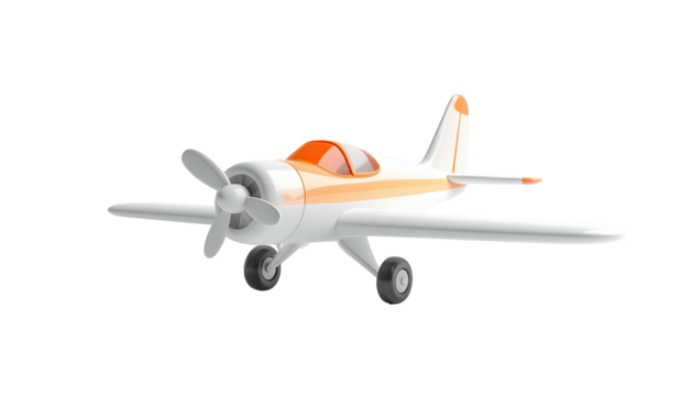 A small, stylized airplane with a propeller, orange details, and a black background