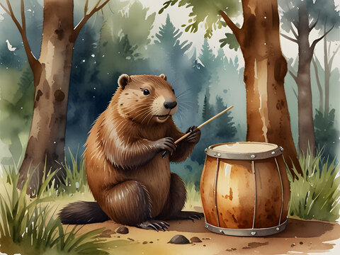 Watercolour art beaver ready to play a drum illustration
