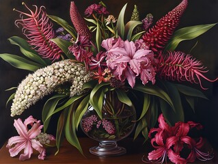 Vibrant Pink and Red Floral Still Life Painting in Glass Vase