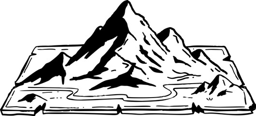 Mountains, map, bold black and white ink sketch of a mountain range integrated into a map. Great for travel or expedition artwork.