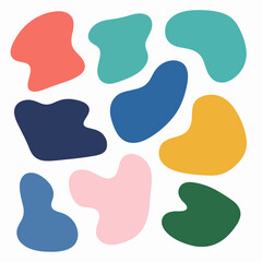 Abstract organic shapes with colorful geometric cutting doodles. Trendy random figures isolated on a white background. Spring background. Vector illustration