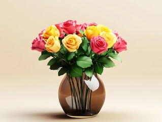 Vibrant Yellow and Pink Roses in Glass Vase Bouquet