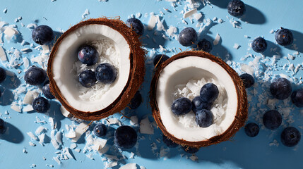Coconuts and Blueberries on Blue Background