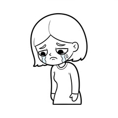 Heartbroken cartoon girl crying with tears rolling down her face, experiencing sadness, grief, pain and emotional distress in a simple black and white design