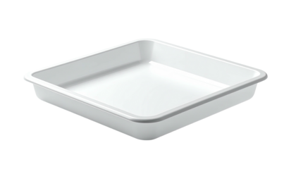 White, square, empty baking dish with rounded corners, isolated on black