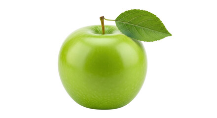 Isolated green apple with stem and leaf, healthy fruit for breakfast snack or dessert, single object