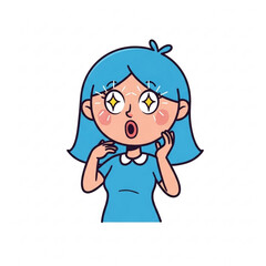 Stunning cartoon girl with blue hair showcases wide-eyed surprise and awe, perfect for expressing shock, disbelief, or excitement in a fun, youthful way