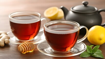 Two Cups of Aromatic Tea with Lemon Ginger Honey