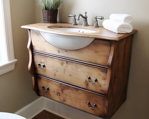 Rustic Wooden Bathroom Vanity with Vessel Sink and Three Drawers