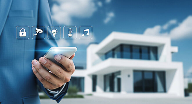 Man controls smart home with phone app and icons in front of modern house on a sunny day showing the future of home automation and technology