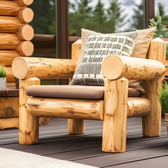 Rustic Log Cabin Chair with Cushions Outdoor Patio Furniture