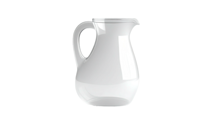 A shiny, white pitcher with a handle and spout, isolated on a black background