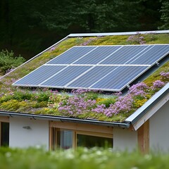 Sustainable Home Rooftop Solar Panels Green Roof Flowers