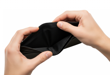 Hands holding empty wallet isolated on transparent background