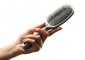 Hand holding hairbrush isolated on transparent background