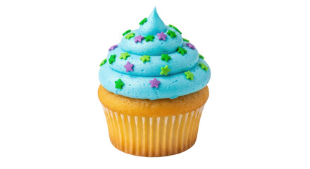 Isolated dessert featuring cupcake with blue frosting and star sprinkles, a sweet indulgence