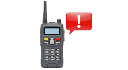 Isolated two way radio with alert notice, portable gray walkie talkie, modern transceiver