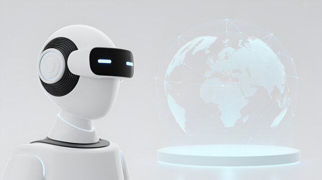 Mannequin wearing vr headset looking at digital globe isolated on white background - Powered by Adobe