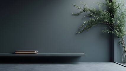 Obraz premium Modern Minimalist Dark Room Interior Design with Illuminated Shelf and Plant
