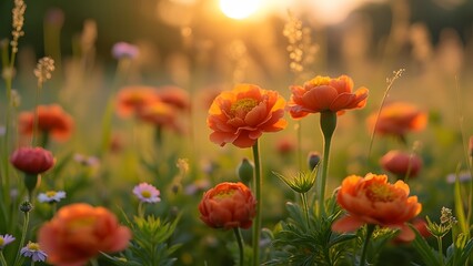 Fototapeta premium Vibrant Orange Flowers Sunset Meadow Bloom